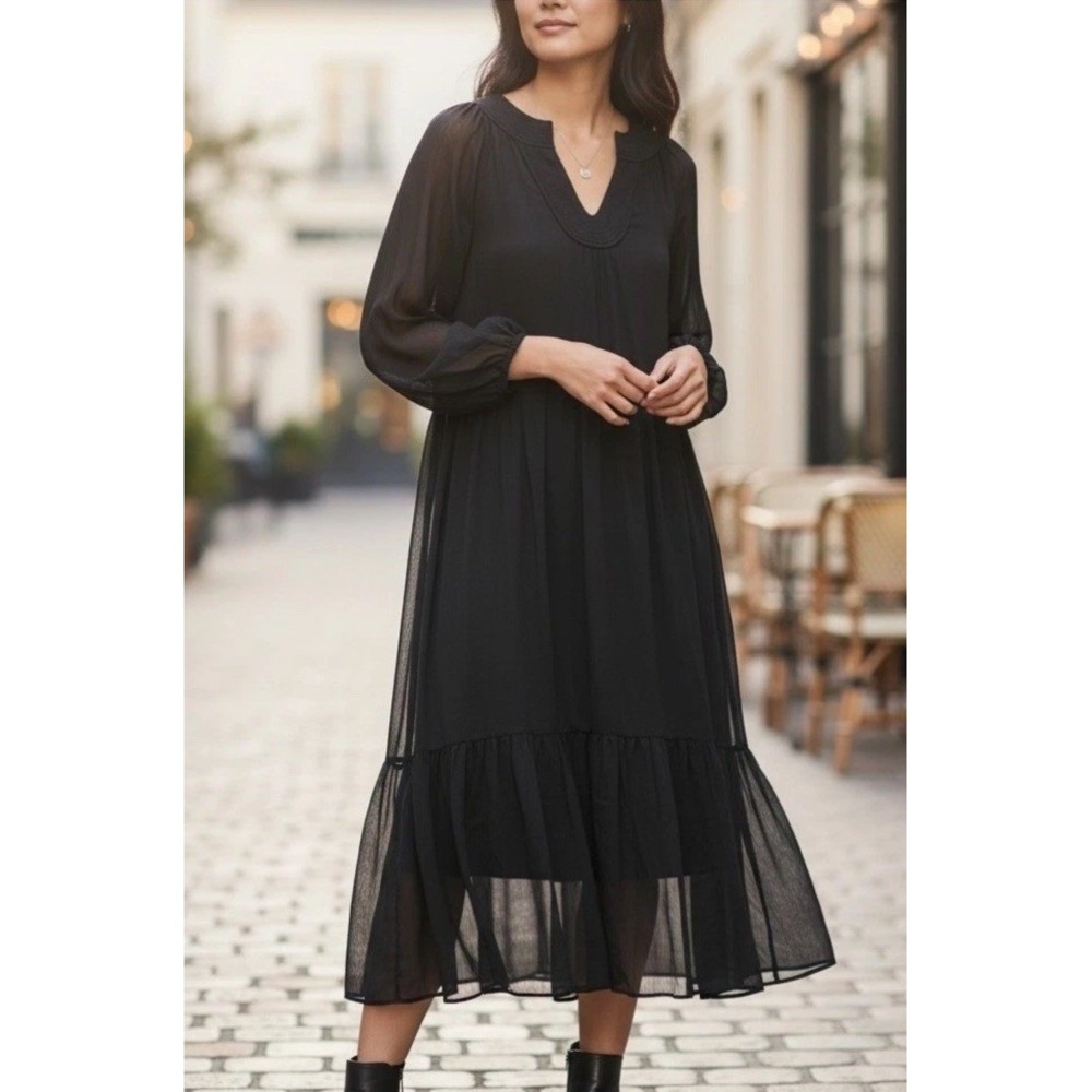 Soft Surroundings Olga Black Sheer Lined Tiered Maxi Dress L Elegant Timeless